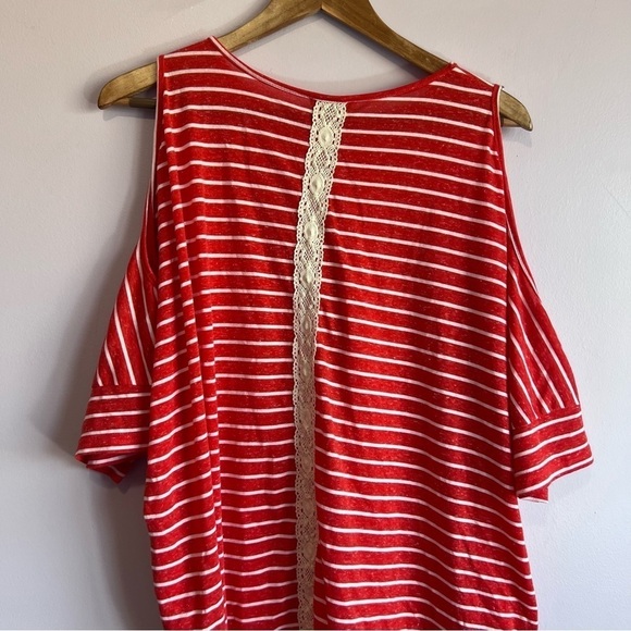 UMGEE Red Striped Cold Shoulder Lace Tunic Blouse Shirt Swim Coverup Pockets M - Picture 11 of 14